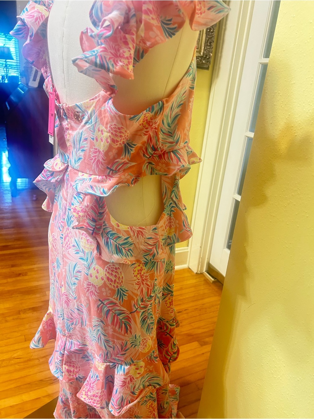 Simply Southern Pink Tropical Print Dress with Blue and Coral Accents - Picture 6 of 6